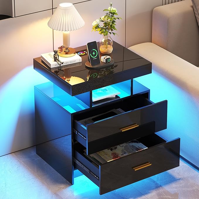 HNEBC Auto LED Nightstand with Wireless Charging Station & USB Ports, High