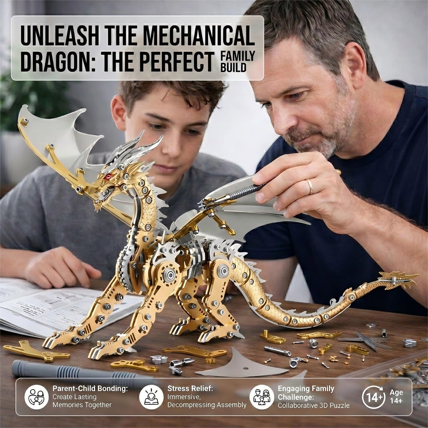3D Metal Dragon Model Kit for Adults, Mechanical Pterosaur Puzzle, DIY Assembly Steel Model, Challenging Building Kit, Unique Gift for Men Desk Decor