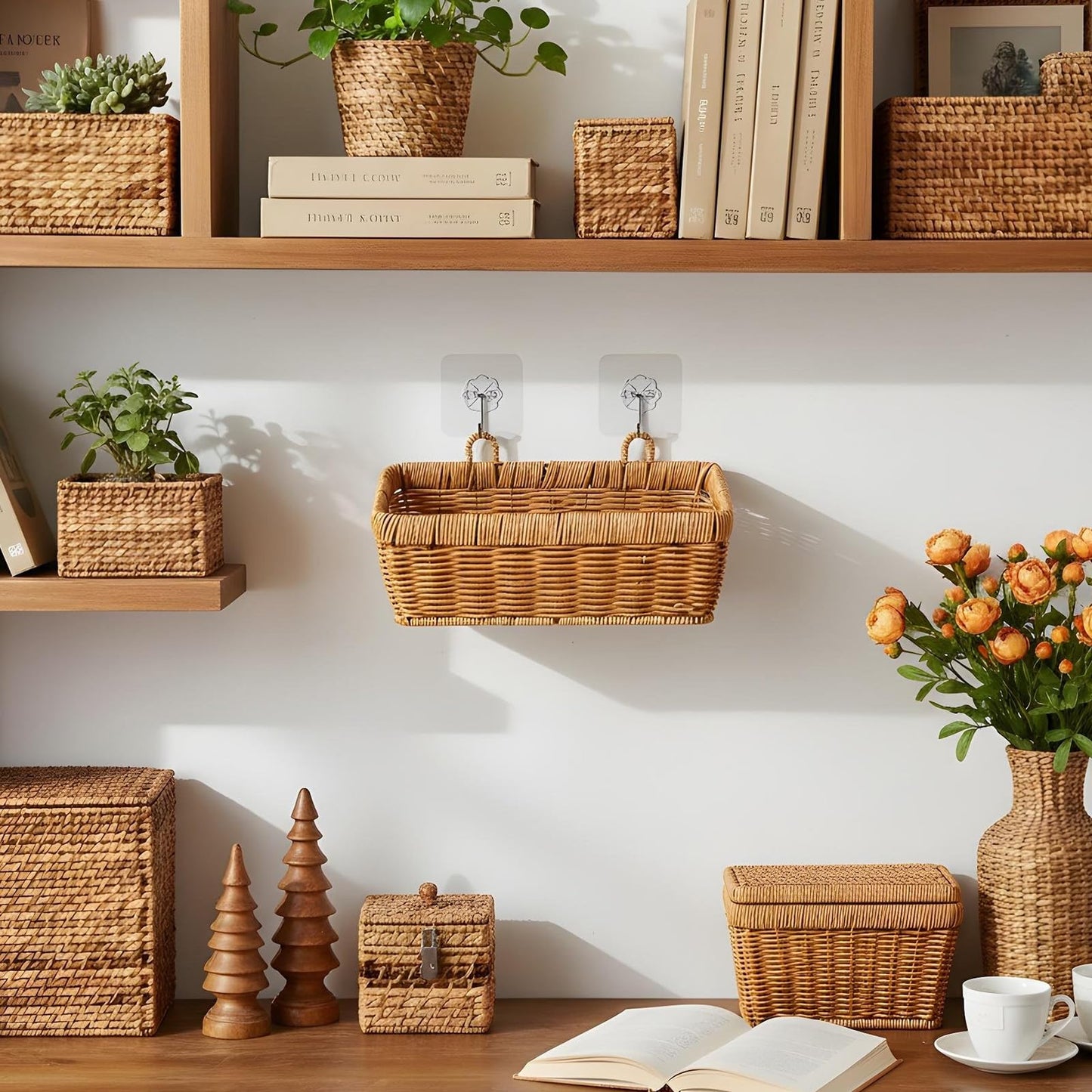 2 Pcs Wall Hanging Basket Wall Mount Pantry Fruit Basket Boho Style Decor Storage Baskets Adhesive Bathroom Cabinet Organizer for Bathroom Kitchen Garden Living Room with 4 Hooks