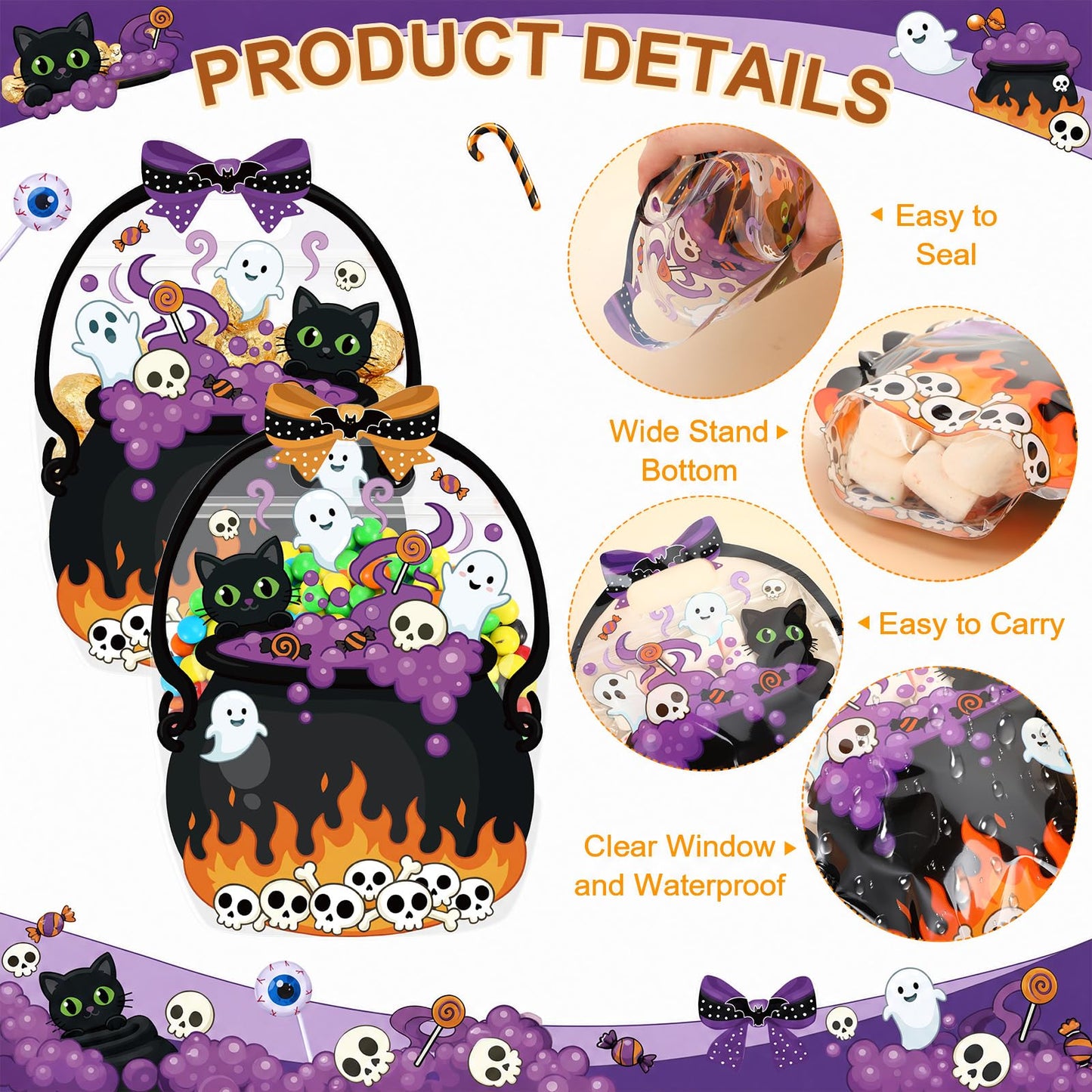 Fuutreo 50 Pcs Halloween Plastic Bags Clear Black Cat Witch Cauldron Sealed Gift Pouches with Handles Resealable Scary Holiday Favor Bags for Halloween Holiday Party Candy Gift Wrapping Supplies Decor