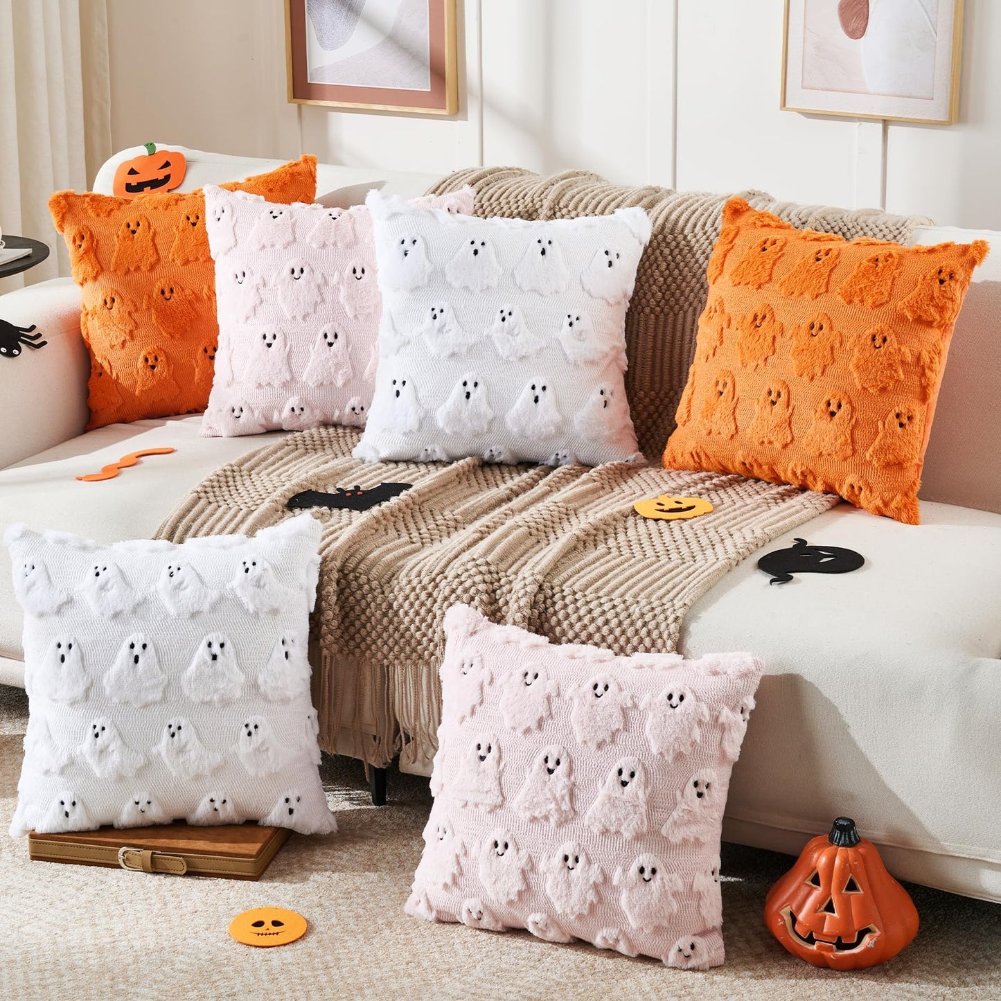 Emvency Halloween Throw Pillow Covers 18x18 Set of 2, Spooky Ghost White Decorations Pillow Cases Soft Plush Faux Fur Wool Couch Cushion Case for Couch Bed Sofa Living Room Home Decor