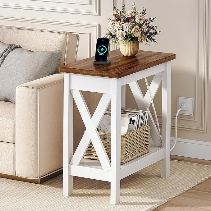 HOOBRO End Table with Charging Station, Farmhouse Narrow Side Table, 2-Tier