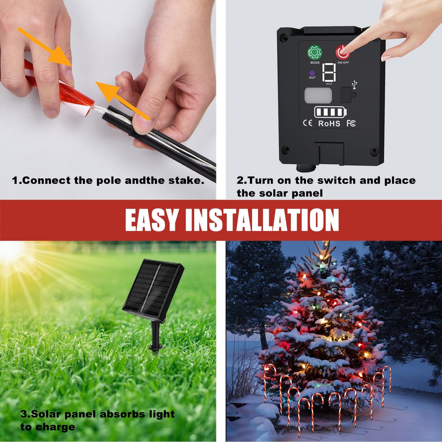 Bstge Christmas Decorations Outdoor, 10 Pcs Candy Cane Lights, 21'' Solar Pathway Lights with 8 Lighting Modes, Waterproof Garden Lights for Christmas Patio Yard Walkway Decorations