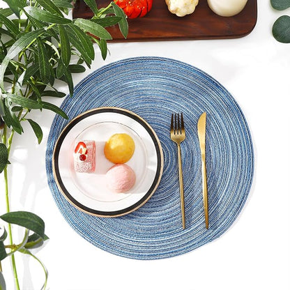 SHACOS Round Braided Placemats Set of 8 Circle Place Mats Cotton Polyester Kitchen Table Mats for Dining Table Wedding Party Decor (Blue Gray, 8)