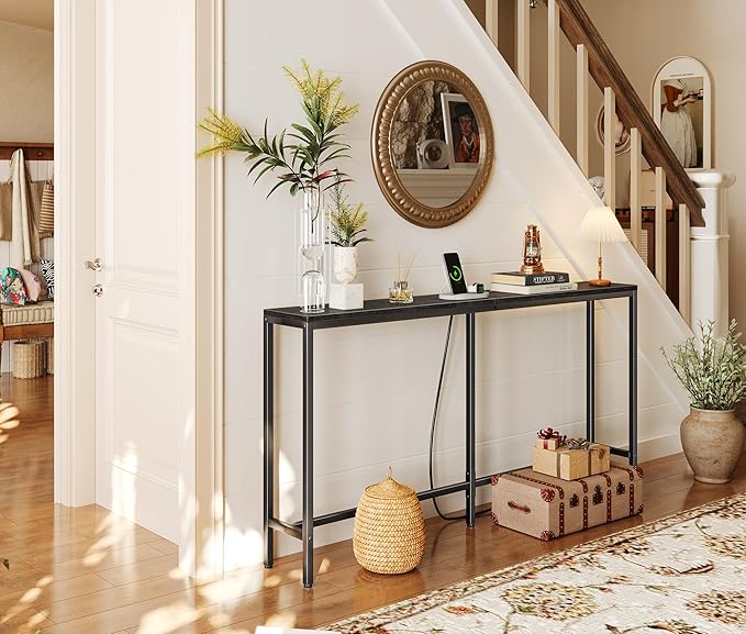 SUPERJARE Console Table with Outlet, 63 Inch Sofa Table with Charging Station