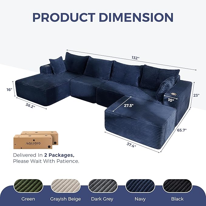 MAXYOYO 132" Giant U-Shaped Modular Sectional Couch, Modern Boneless Couch