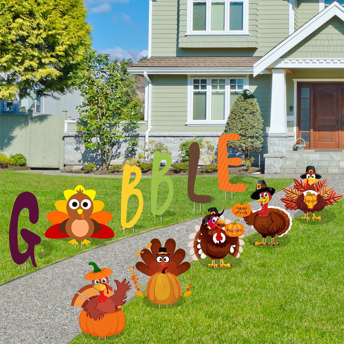 Quera 11 Pcs Thanksgiving Yard Signs Gobble Turkey Outdoor Lawn Thanksgiving Decorations Outside Decoration Pumpkins Yard Stakes for Fall Party