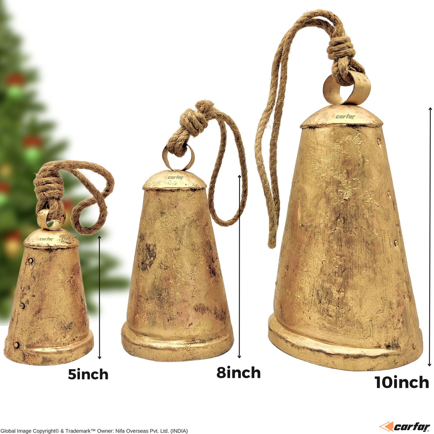 Carfar Shabby Chic Set of 3 Country Rustic Style Cone Bells Handmade Metal Harmony Christmas Hanging Decorative Cow Bells Set (3, Extra Large)