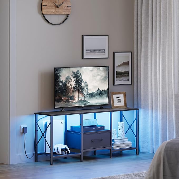 JARHETUN LED TV Stand with Fabric Drawer, Entertainment Center