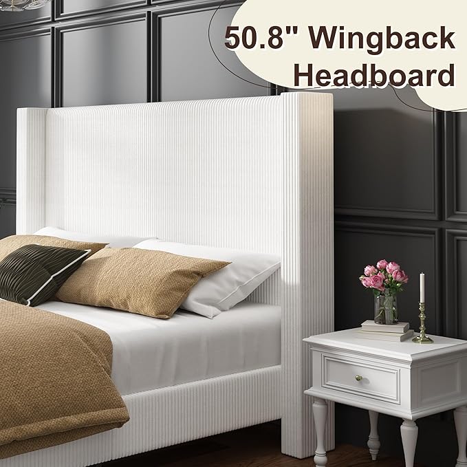 HOWE Queen Size Bed Frame with 50.8" Tall Wingback Headboard, Modern Corduroy