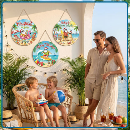 Shejdgart Summer Christmas Door Decorations - 3 Pcs Christmas in July Front Door Sign Xmas Santa Beach Snowman Hawaiian Wooden Hanger Door Sign for Farmhouse Home Wall Living Room Party Supplies