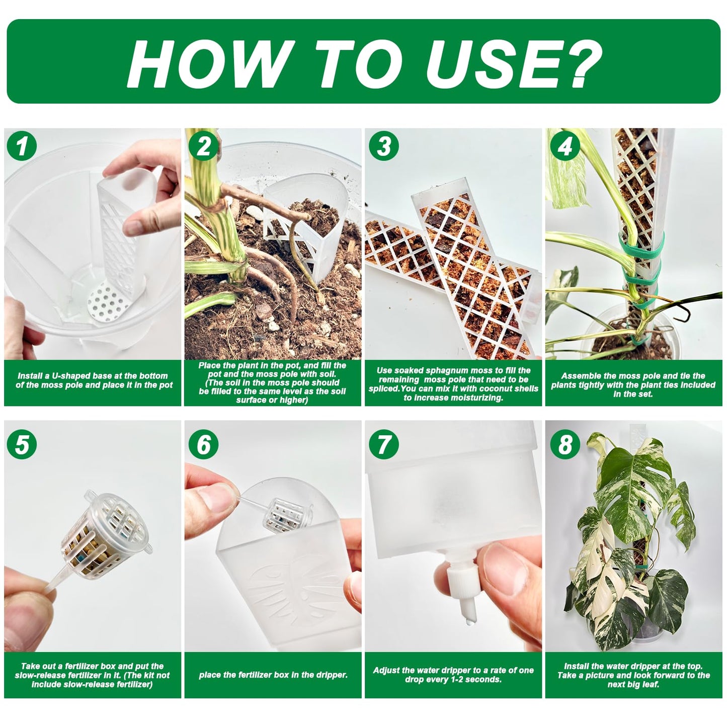4 Psc 9 Inch D Shaped Moss Pole with Watering Dripper, Plastic Moss Poles for Climbing Plants, Sturdy Monstera Plant Support, Self Watering Moss Pole Kit for Plants Indoor(White)