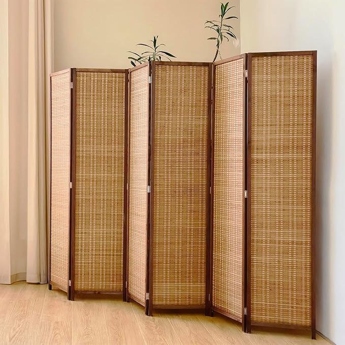 6 Panel Bamboo Room Divider Screen, 5.6 FT Tall Bamboo Divider Folding Panel