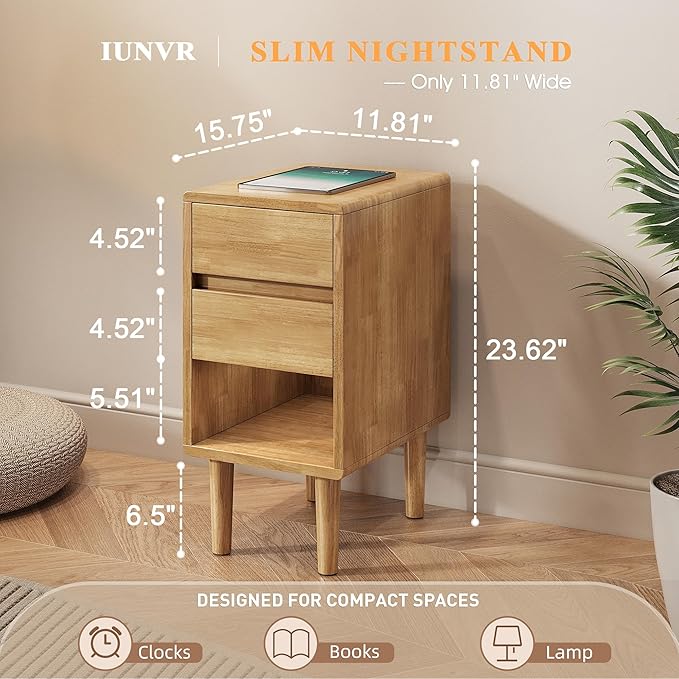 Nightstand 2 Drawers with Open Shelf Narrow Night Stand Solid Wood Bedside