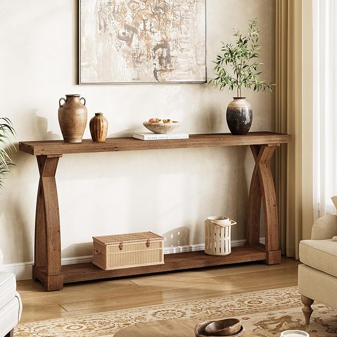 Solid Wood Console Table for Entryway, 63-Inch Narrow Farmhouse Couch Table