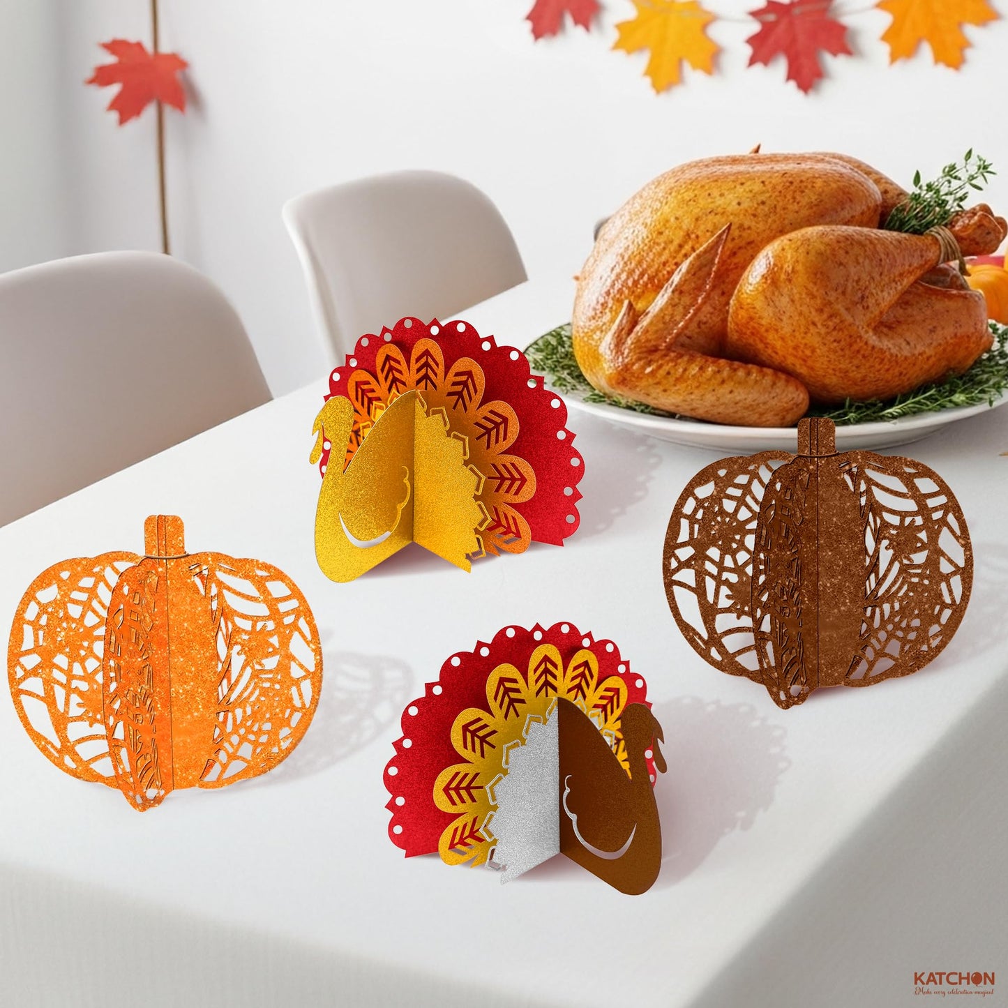 KatchOn, Thanksgiving Centerpieces for Tables – Pack of 4 | Pumpkin & Turkey Centerpieces for Tables | Thanksgiving Decorations for Table | Friendsgiving Party Decorations, Harvest Decorations