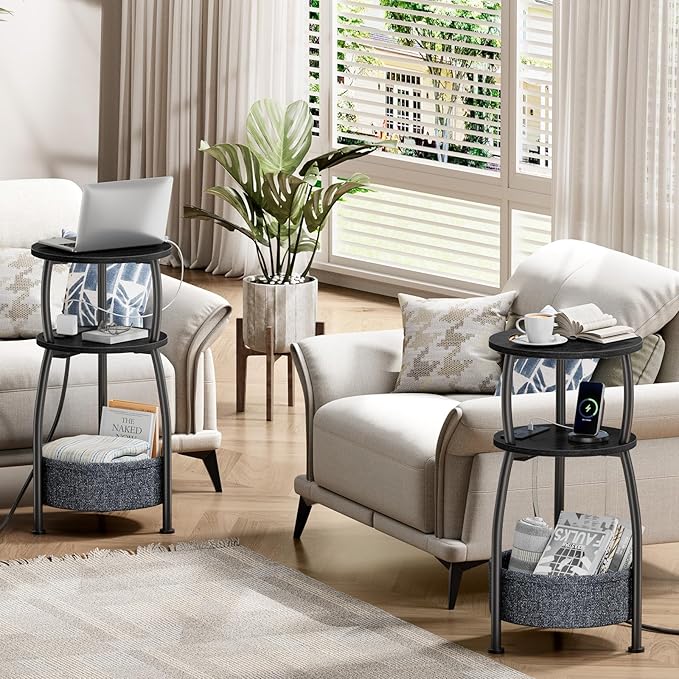 Round Side Table with Power Outlets, Small Coffee Table with S Basket, Space
