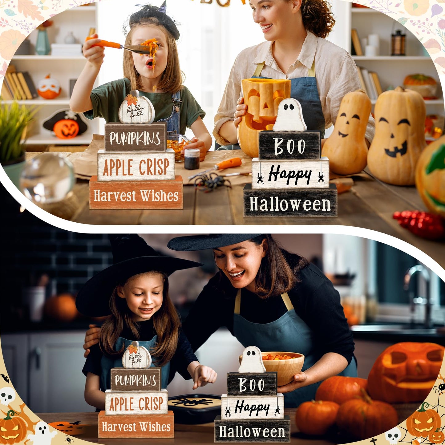 8Pcs Fall and Halloween Decor Wooden Ghost Pumpkin Table Decorations, Halloween Fall Tiered Tray Decor Rustic Cute Ghost Pumpkin Stack Signs Tabletop Centerpieces for Home Office Kitchen Shelf
