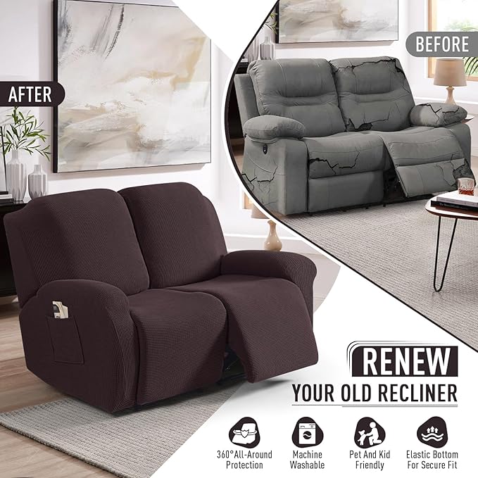 TAOCOCO Recliner Loveseat Slipcover, 6 Pieces Dual Recliner Sofa Covers