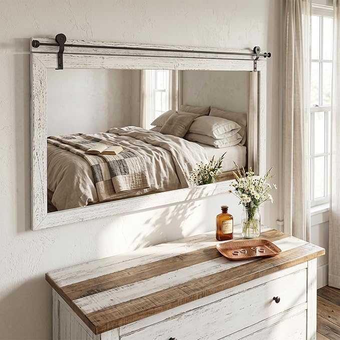 27"x49" Large Whitewashed Barn Door Wall Mirror, Horizontal Solid Wood Framed