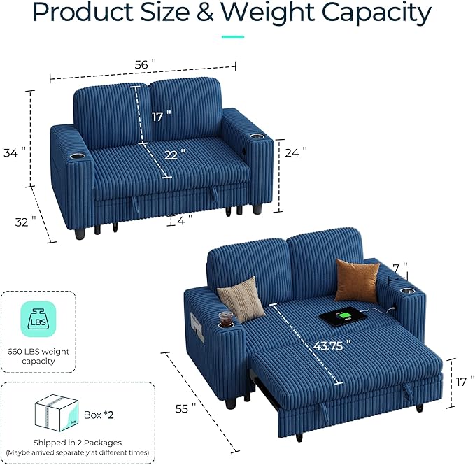LINSY HOME Loveseat Sofa with Pull Out Couch Chaise: 2-in-1 Convertible 2