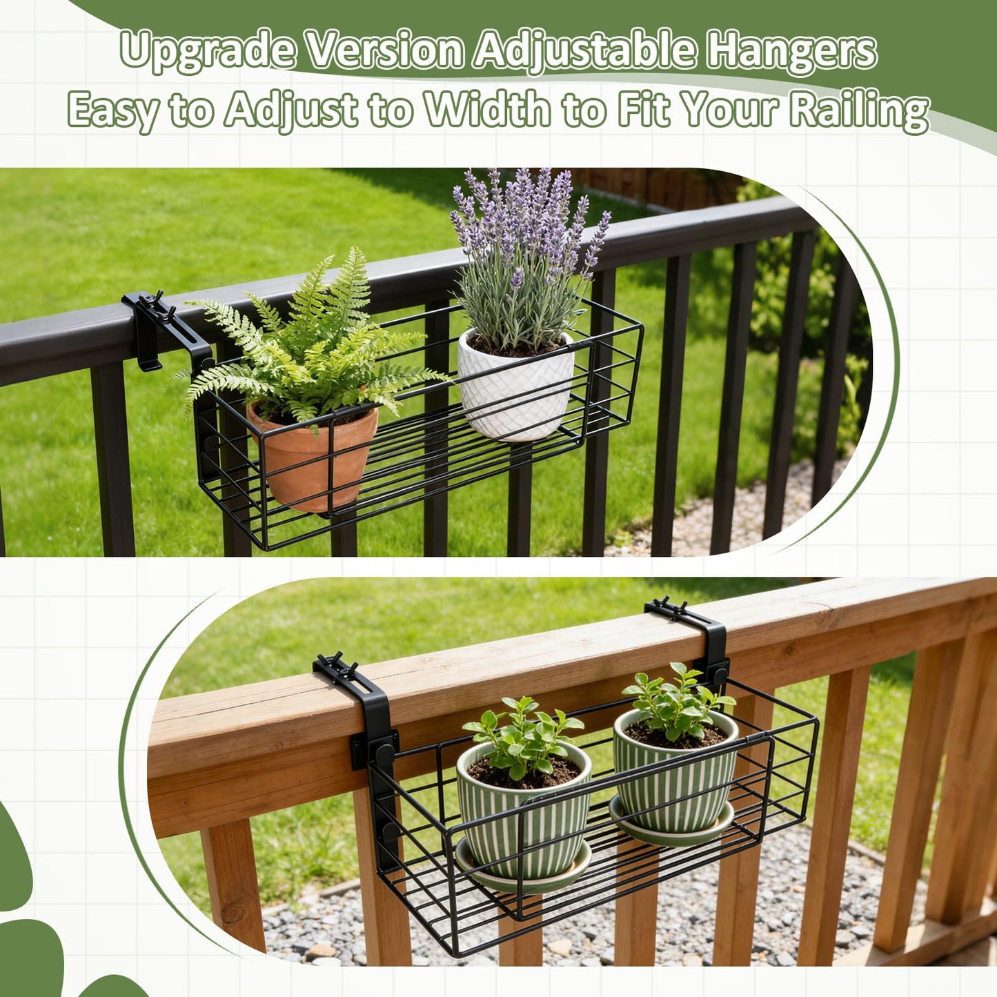 Youyole Railing Hanging Planter Holders, Adjustable Balcony Flower Pot Rack Stand, Expands 14"-27" Iron Hanger Hooks Fit Almost Any Balcony, Fence or Deck Railing up to 6" Wide(Black)