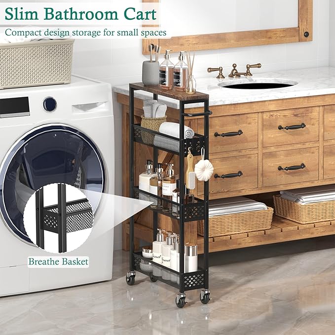 XYZLVSI Slim Storage Cart 4 Tier Narrow Kitchen Rolling Cart on Wheels