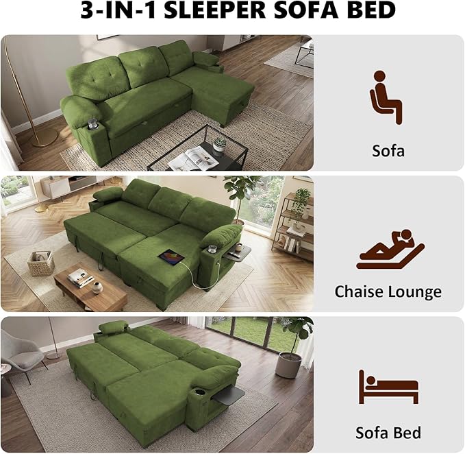 KCGKCG 93" L Shaped Sleeper Sofa Bed, Pull Out Couch Bed