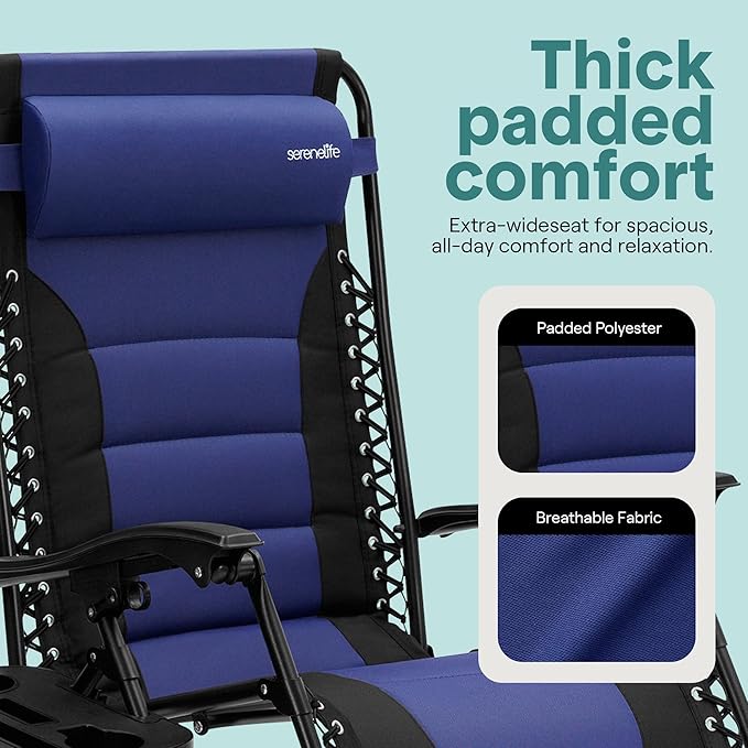 SereneLife Oversized Padded Zero Gravity Lounge Chair, Foldable Outdoor Patio