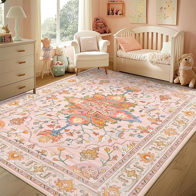 RELEANY Area Rugs 4'x6' Washable Non-Slip, Floral Vintage Distress Print