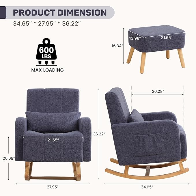 HCHAIRH Rocking Chair with Ottoman, Upholstered Glider Rocker with High