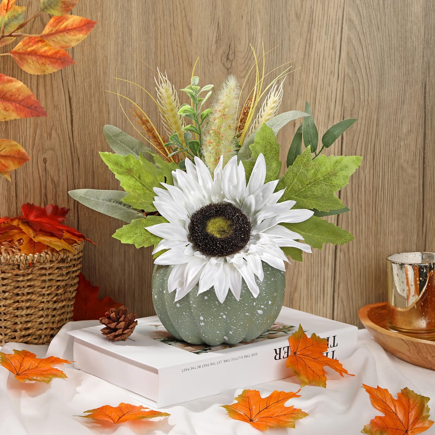 Artificial Pumpkin Floral Arrangement with White Sunflowers & Autumn Leaves – Fall Table Centerpiece for Thanksgiving, Halloween & Harvest Décor – Rustic Farmhouse Pumpkin Autumn Décor