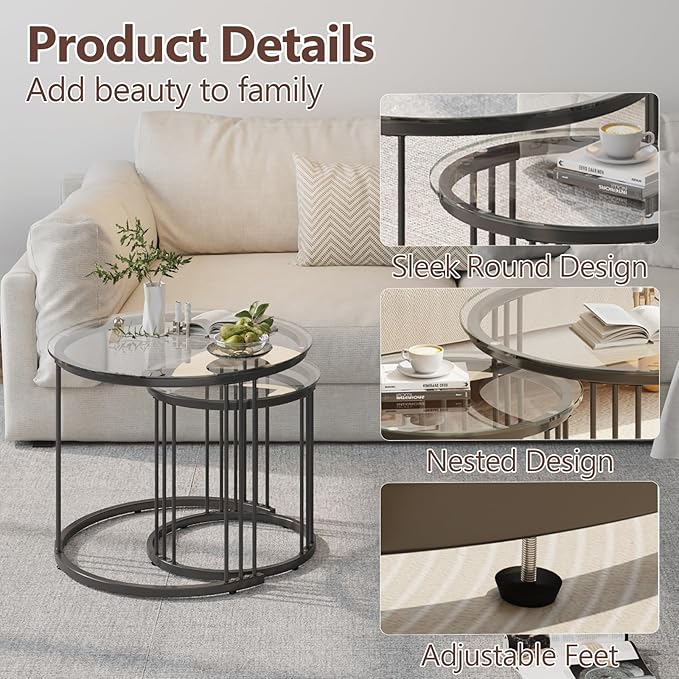 Garden 4 you Nesting Coffee Table, 23.6" Round Coffee Table Set of 2, Glass