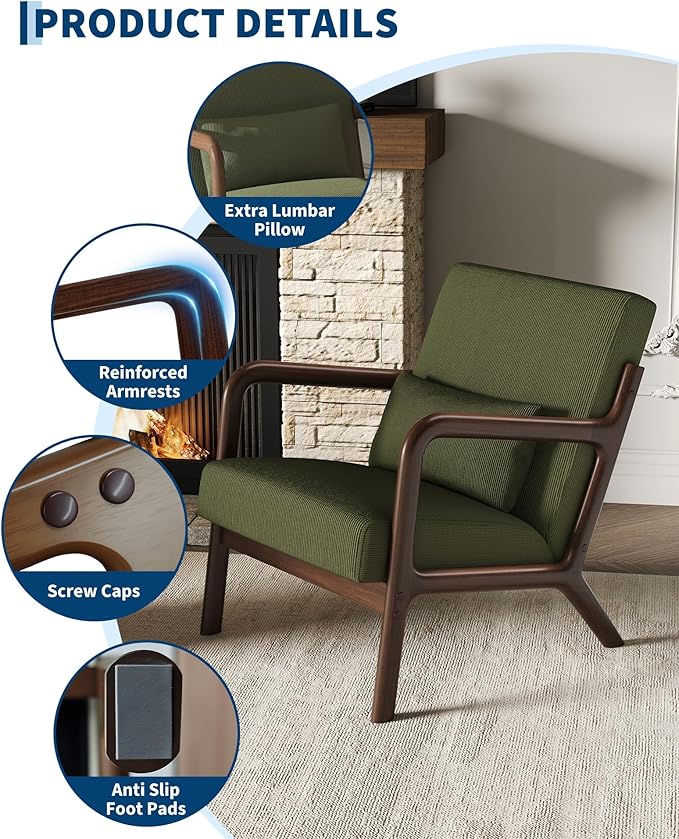 Garvee Mid-Century Modern Accent Chair, Fine Wale Corduroy Upholstery, Solid
