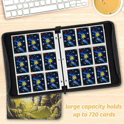720 Pockets Round Ring Trading Card Binder, 9-Pocket Clear Zipper Card Album with Wrist Strap, Holds 720 Standard TCG Cards Compatible with Sports Baseball Football Game Cards (Yellow Print)