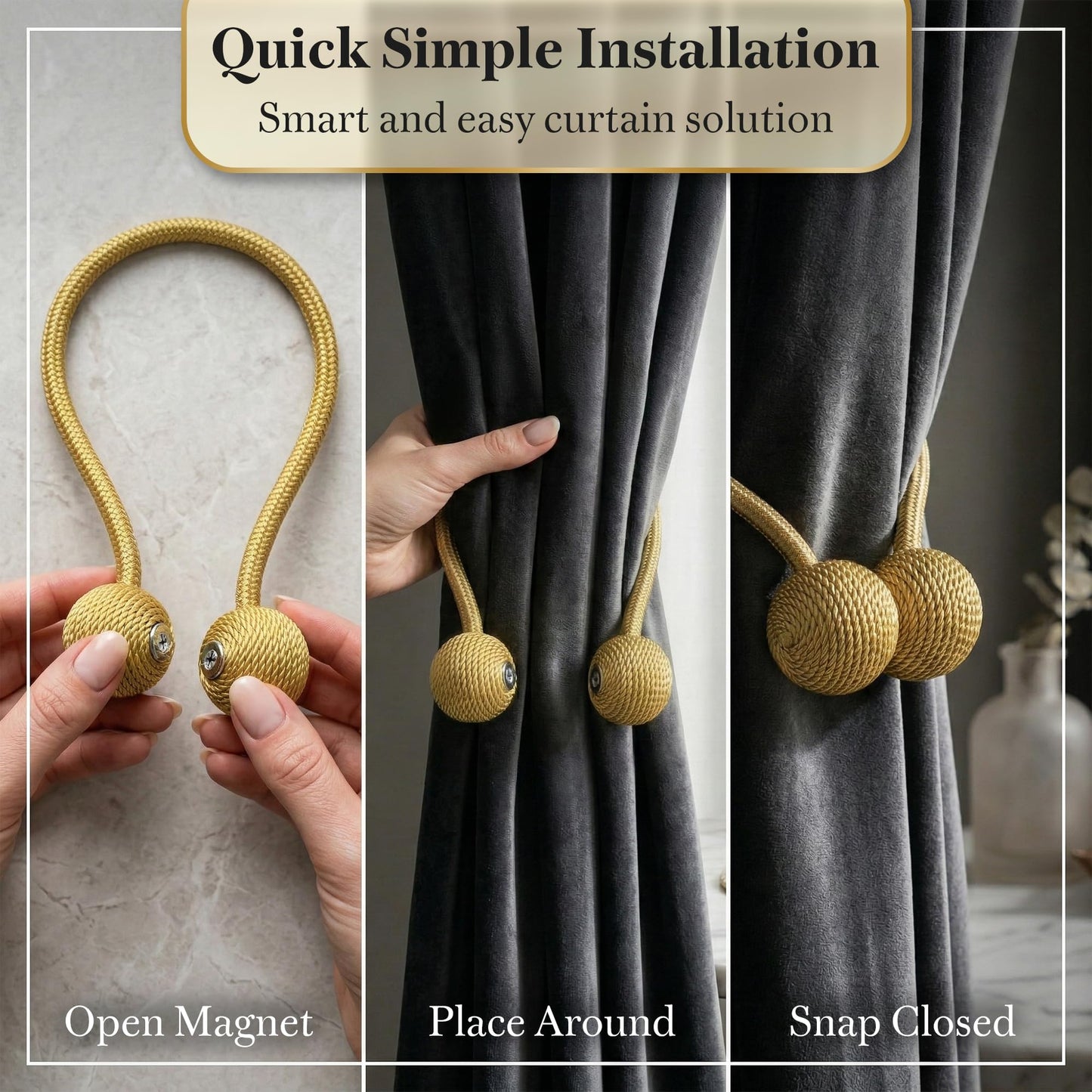 Magnetic Curtain Tiebacks 2 Pcs Curtain Holdbacks, Woven Tie Hold Back for Curtains, Stylish Decorative Holdbacks for Drapes, Gold
