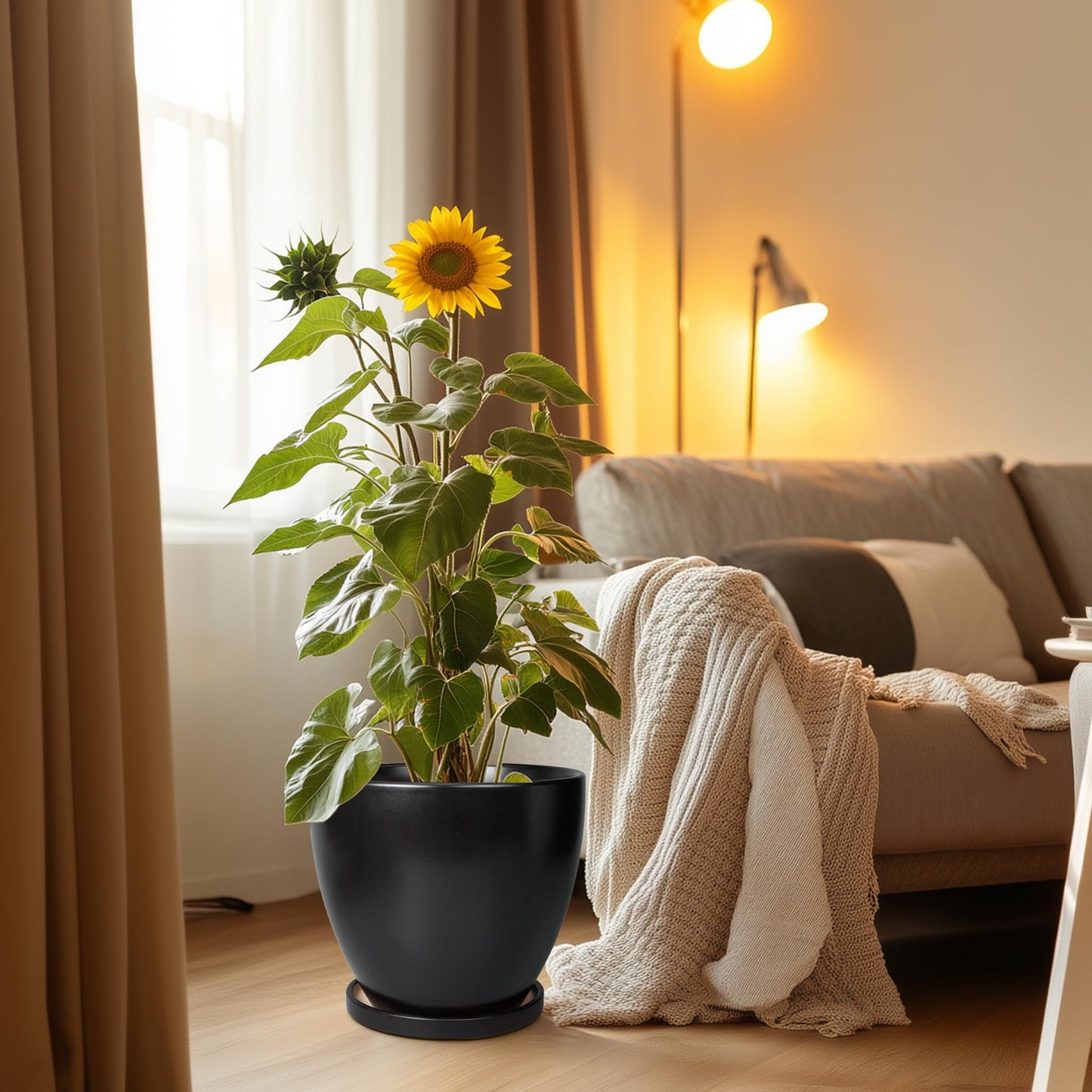 EPFamily Ceramic Planter - 10 Inch Plant Pot with Drainage Hole and Tray, Round Flower Pots, Planters for Indoor Plants, Modern Room Garden Patio Bathroom Living Room Porch Home Decor, Black