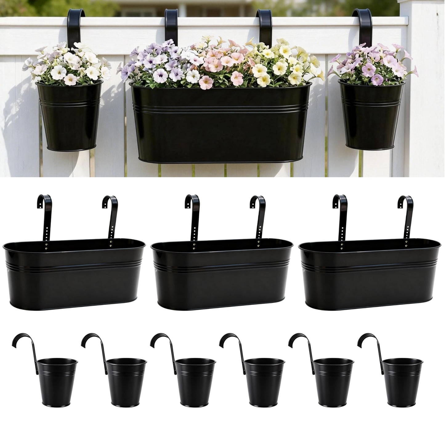 LaLaGreen 17 Inch Rail Planter (9-PIECE COMBO SET) Large Black Metal Hanging Rail Fence Flower Pots, Modern Balcony Railing Planter Garden Style Iron Patio Planters Outdoor Deck Decoration Porch Decor