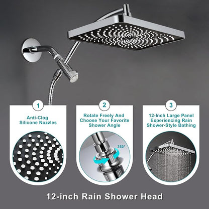 GwernKB Rain Shower Heads with Handheld Spray Combo,Fixed Showerhead&8-Mode Handheld Shower Head with 79 Inches Extra-long Stainless Steel Hose and Low-Reach Adhesive Wall Mount for Elderly