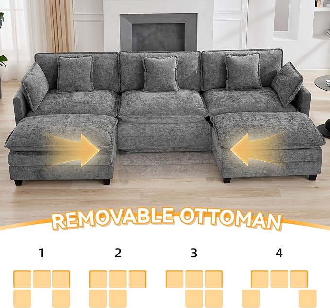 111'' Sectional Cloud Deep Seat Couch, Oversized Chenille U Shaped Sectional