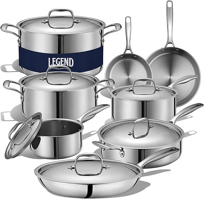 LEGEND COOKWARE 5-Ply Stainless Steel Cookware Set, 14-Piece Pots and Pans Set - Induction Compatible, Oven Safe 800°F - Non-Toxic, No Coatings - Built to Last Generations