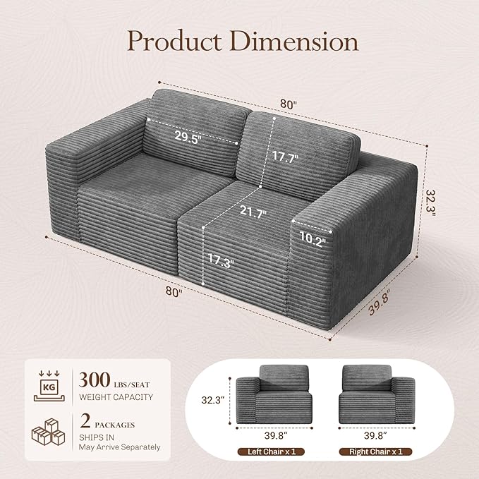 Vesgantti 80" Modular Sectional Sofa, Corduroy Cloud Couch