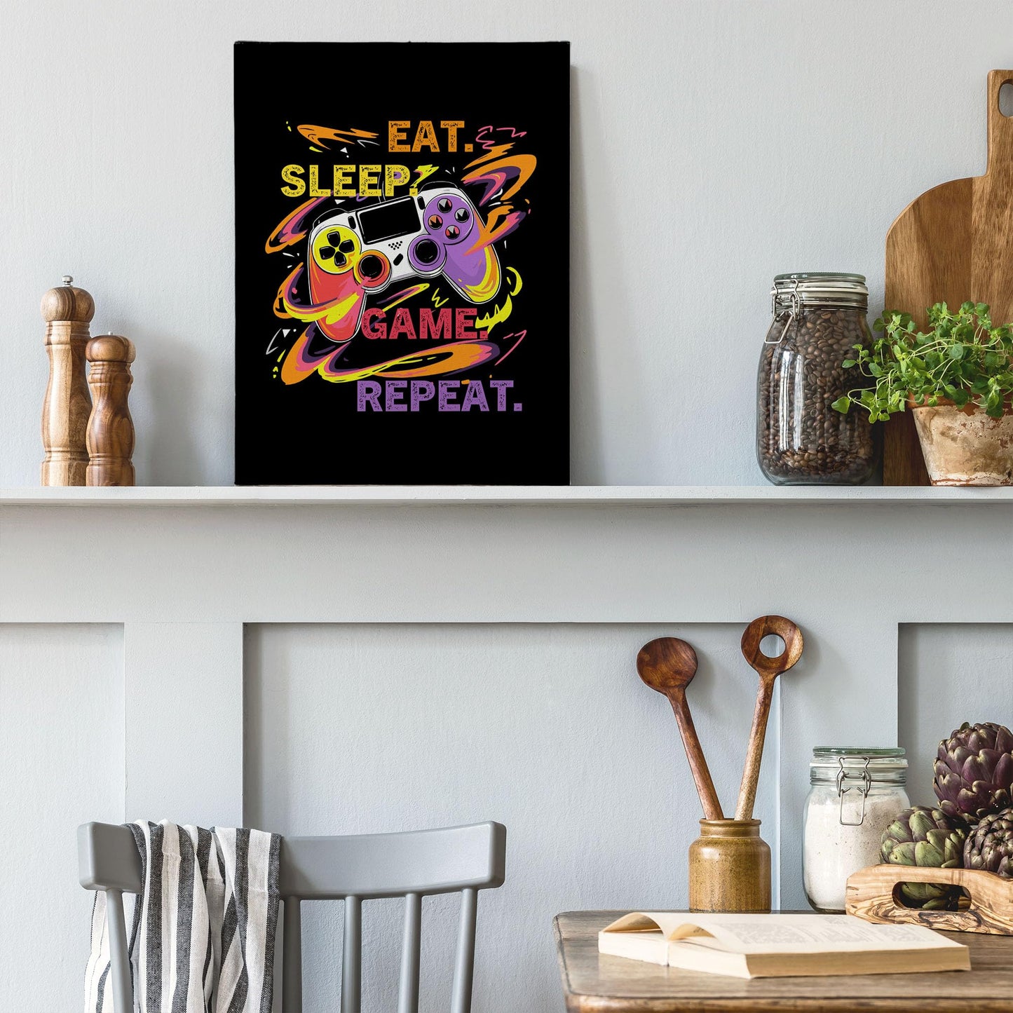 XINCEYWJ Gaming Gamer Room Wall Decor, Eat Sleep Game Repeat Canvas Art Prints Framed, Toddler Boy Room Decor, Anime Gaming Theme Wall Art for Children Youth Boy Room Nursery Room, 11x14 In