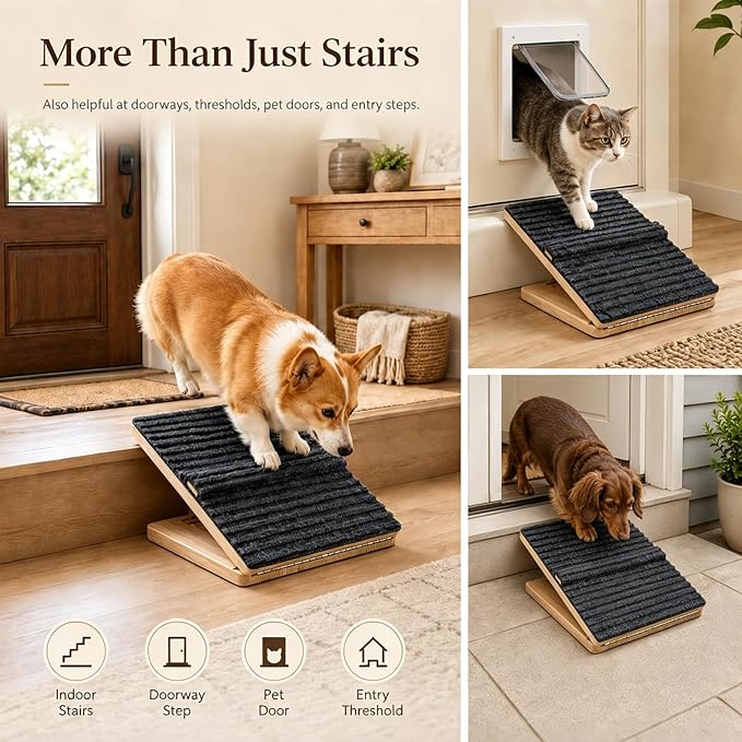 4 Pack Dog Ramp for Stairs – Solid Wood Adjustable & Foldable, 4 Heights, Non-Slip Silicone Base, Traction Felt, Raised Pause Strip, 35lb for Small & Senior Dogs