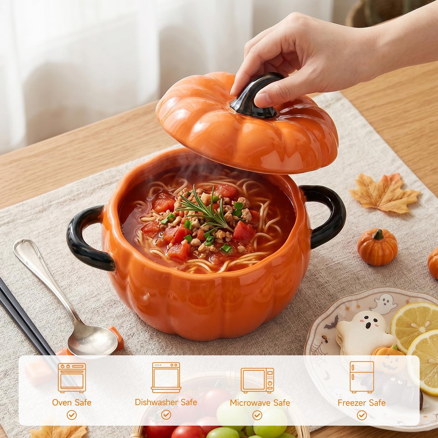 FTNESGYM Pumpkin Soup Bowl, 64oz Ceramic Pumpkin Pot Microwave & Dishwasher Safe Casserole Dish with Lid, Dutch Oven Pot Stockpot Cookware for Home Thanksgiving Halloween Party (Orange)