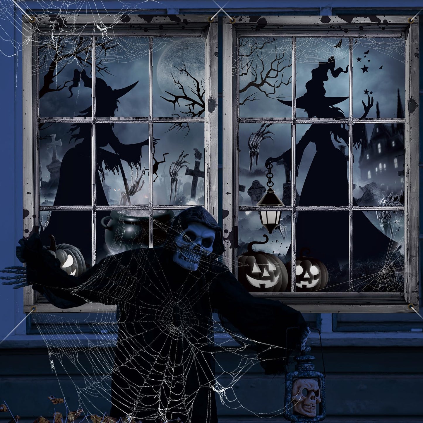 Preboun 2 Pcs Halloween Witch Window Clings Decoration Scary Halloween Window Silhouette Cover Curtain Poster for Wall Garage Door Home Indoor Outdoor Party Favors