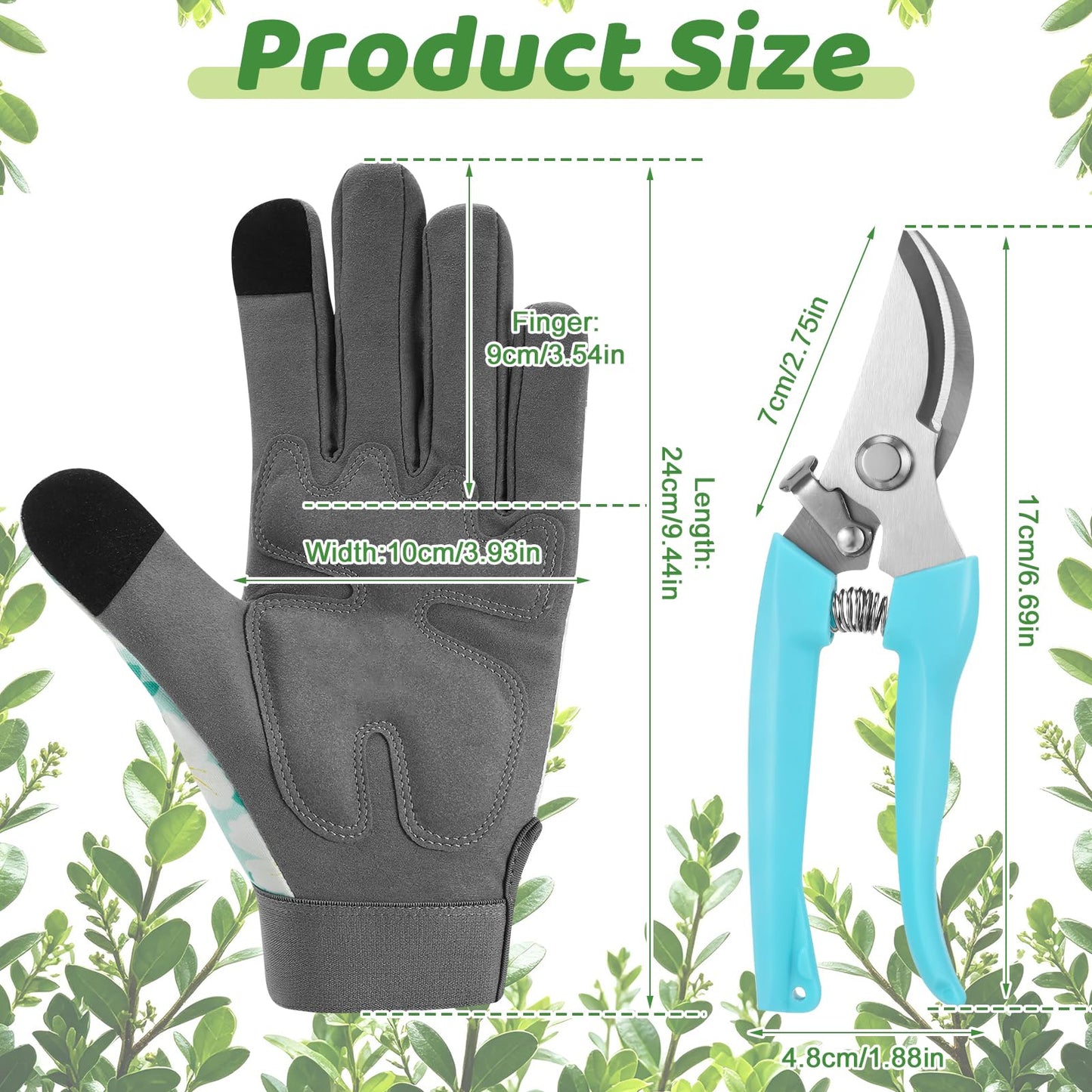 Garden Pruning Shears Set with Gardening Work Gloves & Stainless Steel Trimming Scissors for Flowers, Herbs & Small Branches, Puncture Resistant Anti-Slip Flexible