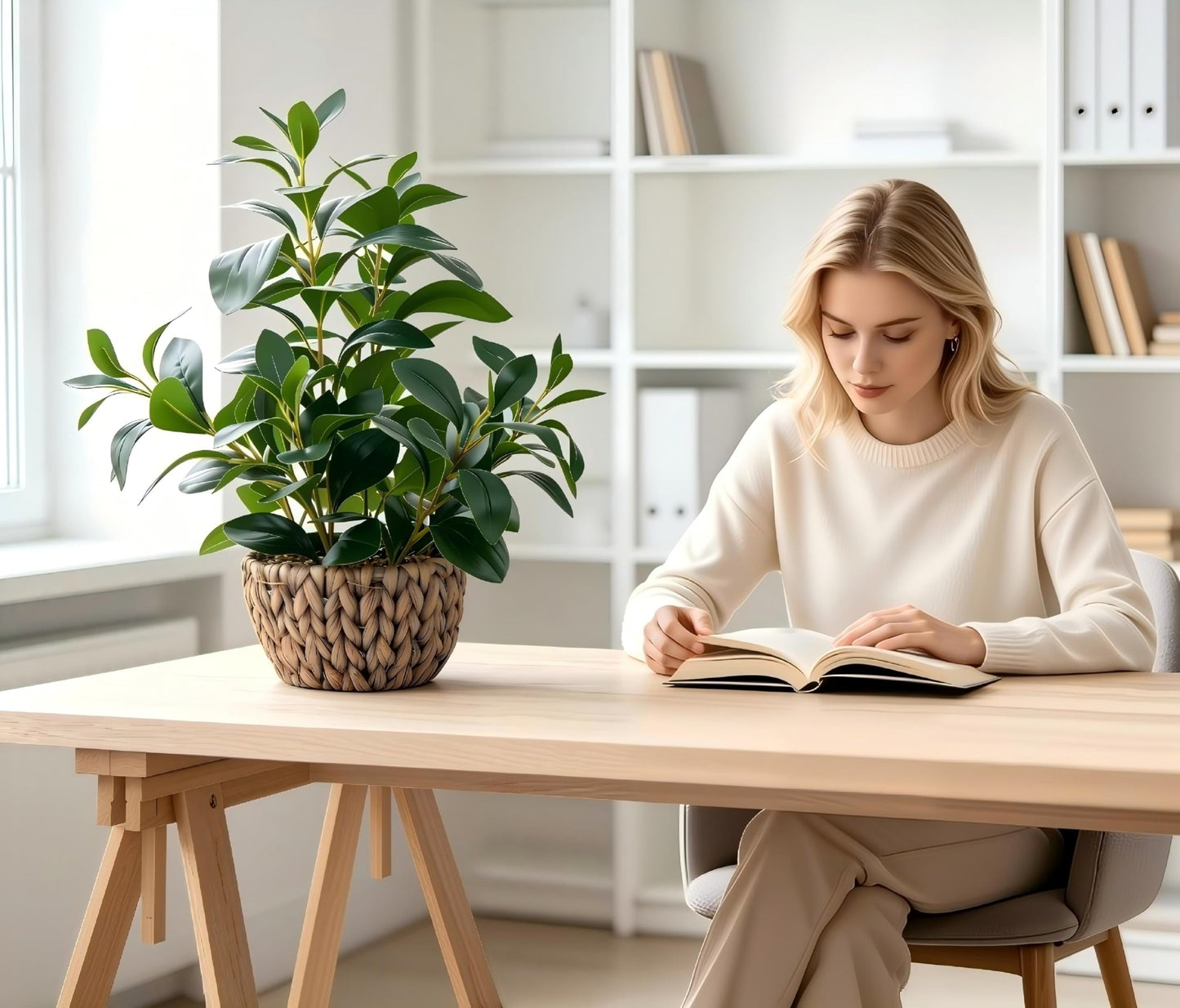 AlphaAcc 18.8 Inch Artificial Ficus Plant Indoor Faux Greenery Potted in Rattan Woven Basket Planter with Decorative Pebbles Realistic Fake Plant for Home Living Room Office Table Desk Shelf Decor