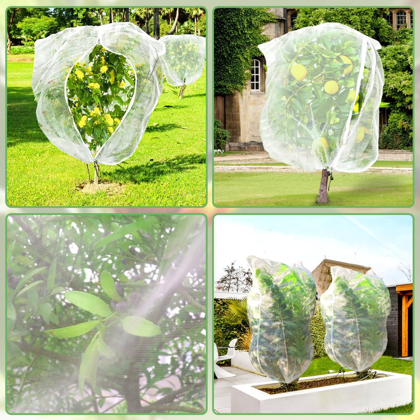 YUYIUS Fruit Tree Netting, Plant Mesh Netting for Garden Protection, Blueberry Bush Insect Netting Cover as Garden Pest Barrier from Cicadas, Bug, Bird (4.9x4 FT, 4Pcs, Zipper & Drawstring Design)