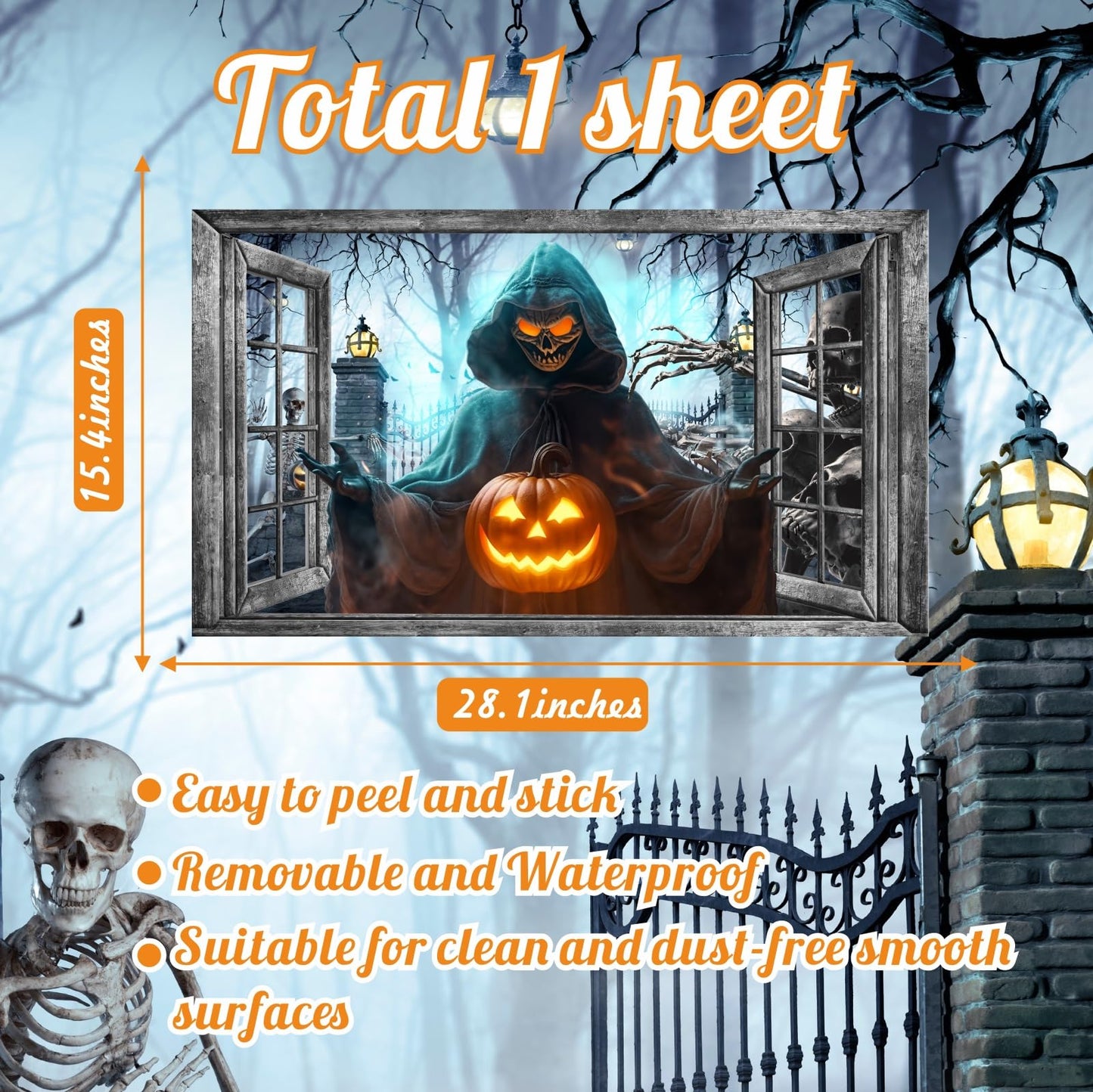 Halloween Wall Decor Halloween Decals 3D Fake Window Wall Decal Peel and Stick Grim Reaper Pumpkins Skeleton Wall Art Murals Halloweens Decoration for Living Room Bedroom Haunted House Party Supplies